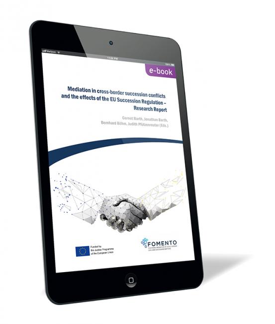 Book cover of 'Mediation in cross-border succession conflicts and the effects of the EU Succession Regulation – Research Report (E-Book)' by Gernot Barth, Jonathan Barth, Bernhard Böhm, and Judith Pfützenreuter, with stylized handshake