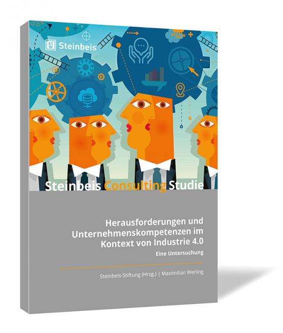 Buchcover von 'Herausforderungen und Unternehmenskompetenz im Kontext von Industrie 4.0' von Maximilian Werling, mit einer Illustration von fünf stilisierten Köpfen in Anzügen vor blauem Hintergrund mit Industrie-Symbolen.