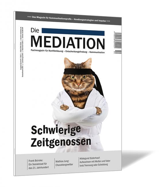 Buchcover der Zeitschrift 'Die Mediation (Ausgabe 2019/04)' von Gernot Barth und Bernhard Böhm, mit einer Katze im weißen Arztkittel, die mit verschränkten Armen vor weißem Hintergrund steht.