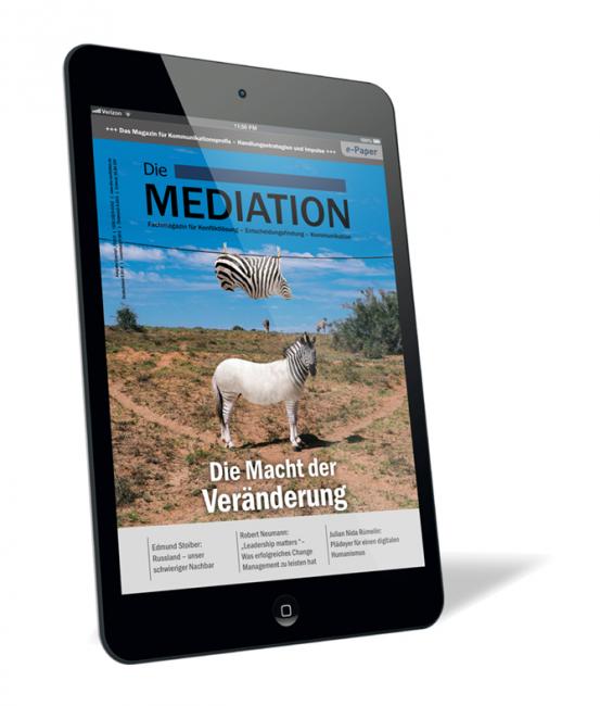 Buchcover der Zeitschrift 'Die Mediation (Ausgabe 2020/02) (E-Paper)' von Gernot Barth, mit einer surrealen Illustration: ein Zebra mit weißem Körper steht auf einem Feld, ein anderes schwebt kopfüber darüber.