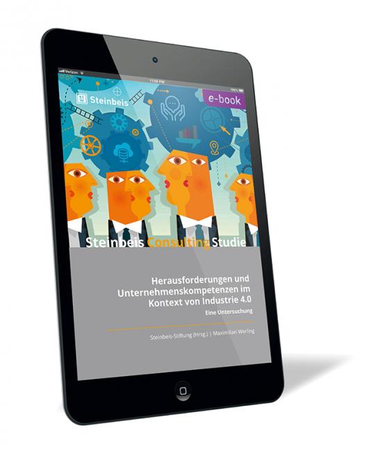 Buchcover von 'Herausforderungen und Unternehmenskompetenz im Kontext von Industrie 4.0 (E-Book)' von Maximilian Werling, mit einer Illustration von fünf stilisierten Köpfen vor einem Hintergrund aus Zahnrädern und technischen Symbolen.