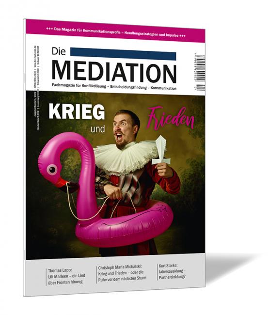 Buchcover der Zeitschrift 'Die Mediation (Ausgabe 2020/01)' von Gernot Barth und Bernhard Böhm, mit einem Mann im Ritterkostüm, der eine Friedenstaube hält und einen pinken Flamingo-Schwimmreifen trägt.