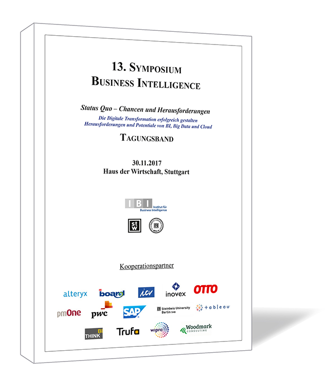 Buchcover '13. Symposium Business Intelligence' mit schlichtem weißen Design und schwarzem Text, darunter Logos von Kooperationspartnern.