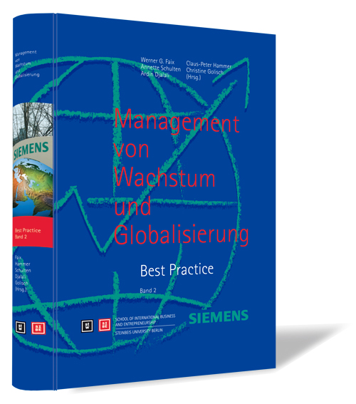 Buchcover von 'Management von Wachstum und Globalisierung - Bd. 2' von Werner G. Faix, Annette Schulten, Ardin Djalali, Claus-Peter Hammer und Christine Golisch (Hrsg.), mit blauem Hintergrund und einer grünen gezeichneten Weltkugel.