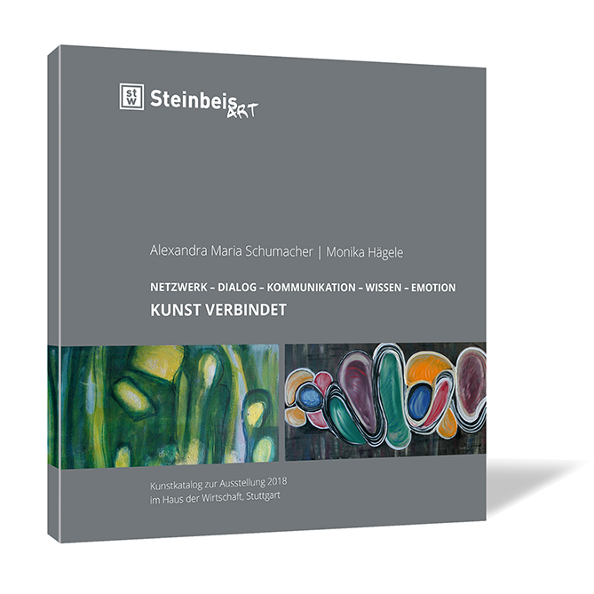 Buchcover von 'Kunst verbindet' von Alexandra Maria Schumacher und Monika Hägele, mit grauem Hintergrund und einem horizontalen Streifen mit abstrakten farbigen Kunstwerken.
