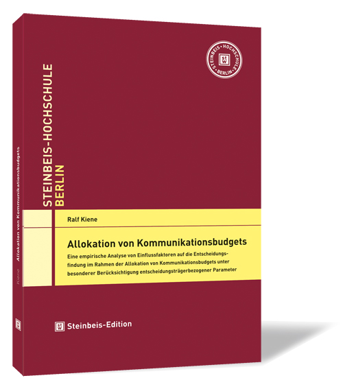 Buchcover von 'Allokation von Kommunikationsbudgets' von Ralf Kiene, mit rotem Hintergrund, gelben Akzenten und dem Logo der Steinbeis Hochschule oben rechts.
