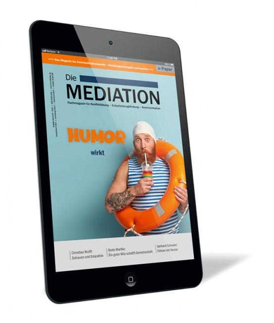 Buchcover der Zeitschrift 'Die Mediation (Ausgabe 2020/03) (E-Paper)' von Gernot Barth, mit einem Mann im Badeoutfit, Trinkflasche und Schwimmreifen auf hellblauem Hintergrund.