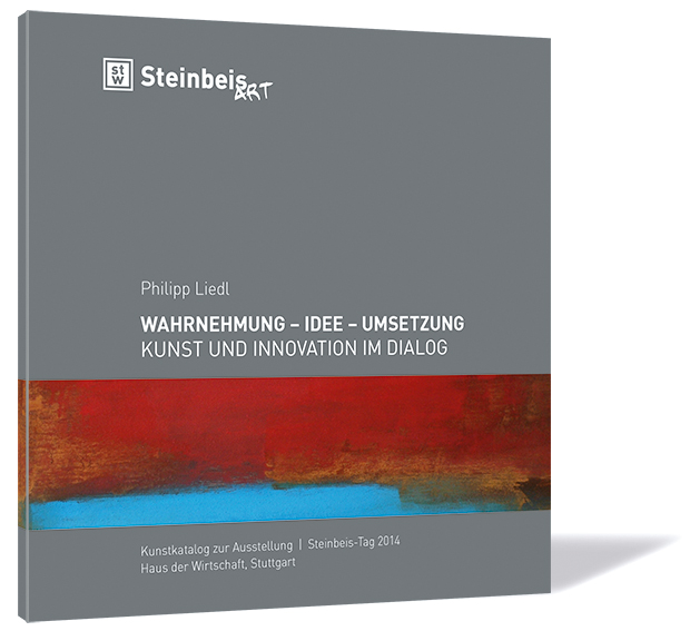 Buchcover von 'Wahrnehmung - Idee - Umsetzung' von Philipp Liedl | Steinbeis-Stiftung (Hrsg.), mit grauem Hintergrund und einem rot-blauen Streifen als Hauptmotiv.