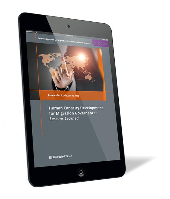 Book cover of 'Human Capacity Development for Migration Governance: Lessons Learned (E-Book)' by Alexander Loch and Anna Ott, featuring a hand pointing to a digital world map in orange tones, published by Steinbeis-Edition.
