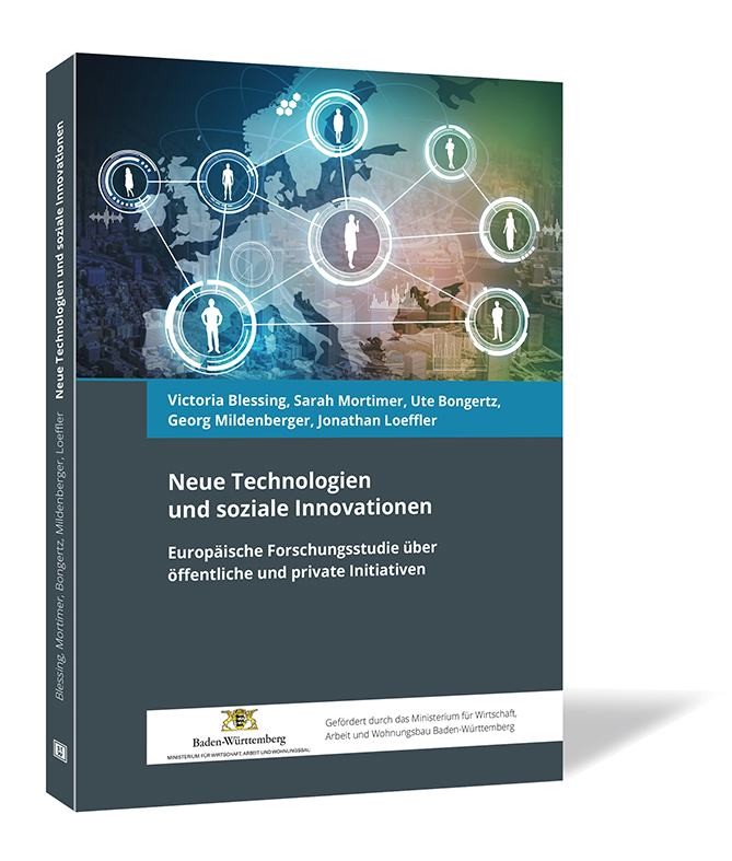 Buchcover 'Neue Technologien und soziale Innovationen' mit Symbolen für Technik und Vernetzung auf einer Weltkarte in Blau-Grün-Tönen.