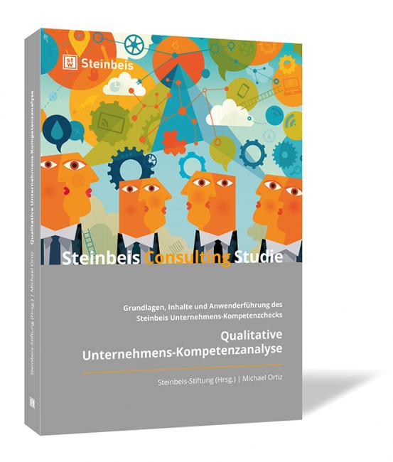 Buchcover von 'Qualitative Unternehmens-Kompetenzanalyse' von Michael Ortiz, mit bunter Zeichnung von Köpfen, Zahnrädern und einem Raketenmotiv.