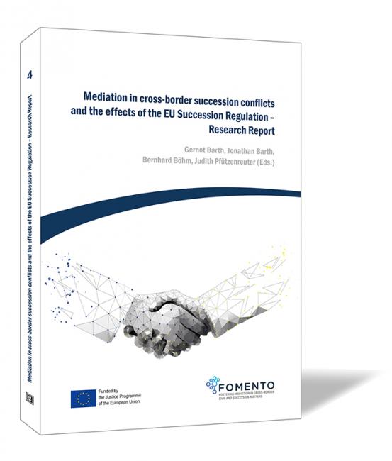Book cover of 'Mediation in cross-border succession conflicts and the effects of the EU Succession Regulation – Research Report' by Gernot Barth, Jonathan Barth, Bernhard Böhm and Judith Pfützenreuter, showing two shaking hands on a white background