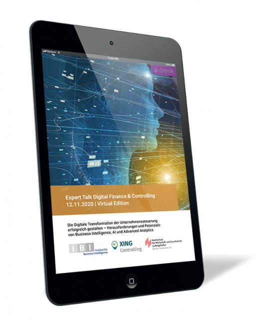 Buchcover von 'Expert Talk Digital Finance & Controlling 12.11.2020 | Virtual Edition (E-Book)' von Andreas Seufert, digitales Profil auf blauem Hintergrund mit gelbem Lichtpunkt, orangefarbener Titelbalken am unteren Rand.