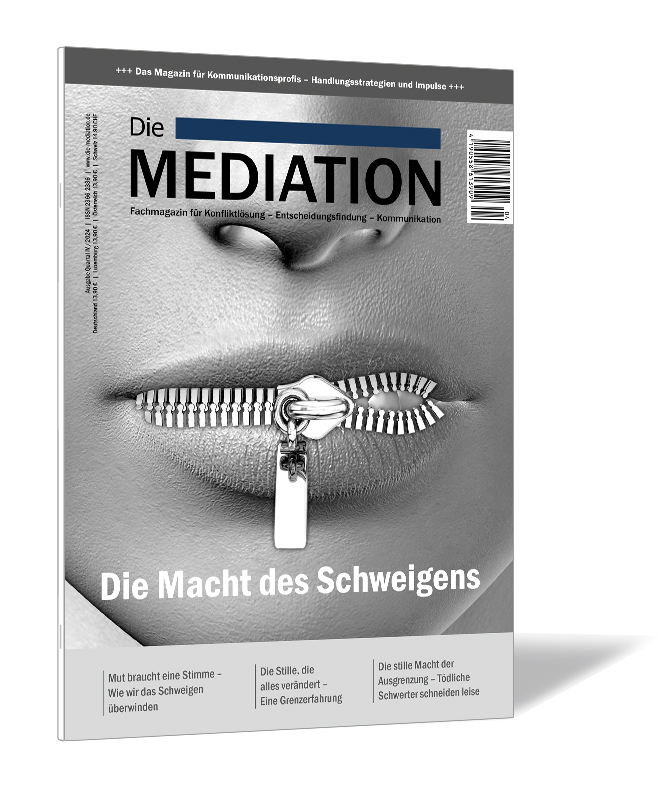Buchcover der Zeitschrift 'Die Mediation (Ausgabe 2024/04)' von Gernot Barth (Hrsg.), mit einem stilisierten Gesicht, dessen Mund durch einen Reißverschluss verschlossen ist.