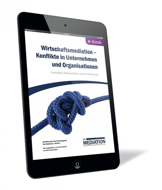 Buchcover von 'Wirtschaftsmediation – Konflikte in Unternehmen und Organisationen (E-Book)' von Gernot Barth, Bernhard Böhm und Jonathan Barth, mit einer blauen Knotenschlaufe auf weißem Hintergrund.