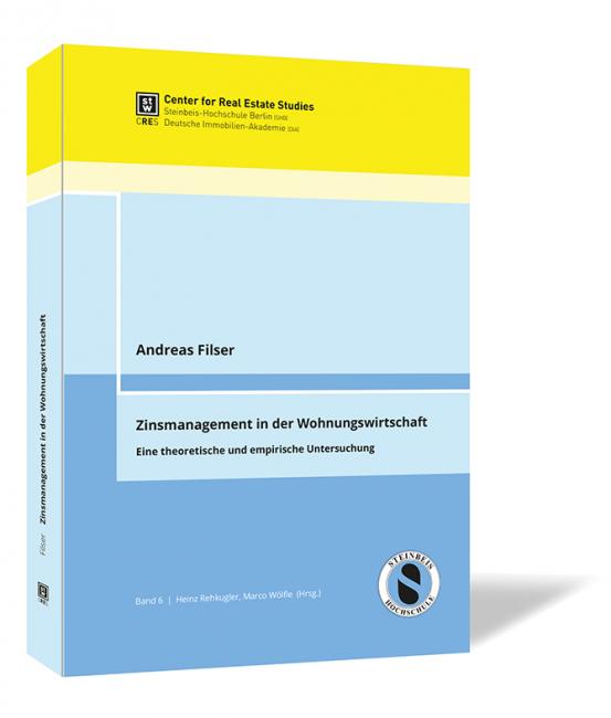 Buchcover von 'Zinsmanagement in der Wohnungswirtschaft' von Andreas Filser, Heinz Rehkugler, Marco Wölfle (Hrsg.), in blau-weißem Design mit gelber Spitze.