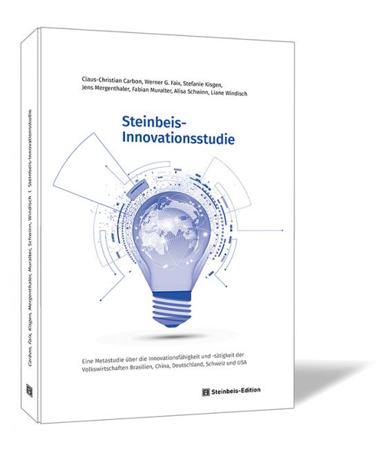 Buchcover von 'Steinbeis-Innovationsstudie' von Claus-Christian Carbon et al., mit einer Glühbirne als Weltkugel und technischen Linien auf weißem Hintergrund.
