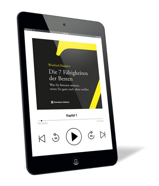 Buchcover von 'Die 7 Fähigkeiten der Besten (Hörbuch)' von Winfried Küppers, dargestellt auf einem Tablet mit schwarzem Cover, gelbem Balken und typischer Audio-Player-Oberfläche inklusive Play-Button, herausgegeben von Steinbeis-Edition.