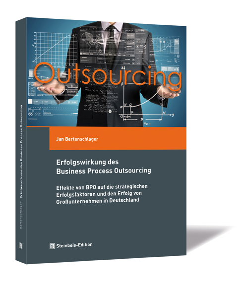 Buchcover von 'Erfolgswirkung des Business Process Outsourcing' von Jan Bartenschlager, mit einem Bild eines Mannes im Anzug, der vor einem Computerbildschirm steht, auf dem Daten angezeigt werden, und dem Wort 'Outsourcing' hervorgehoben.