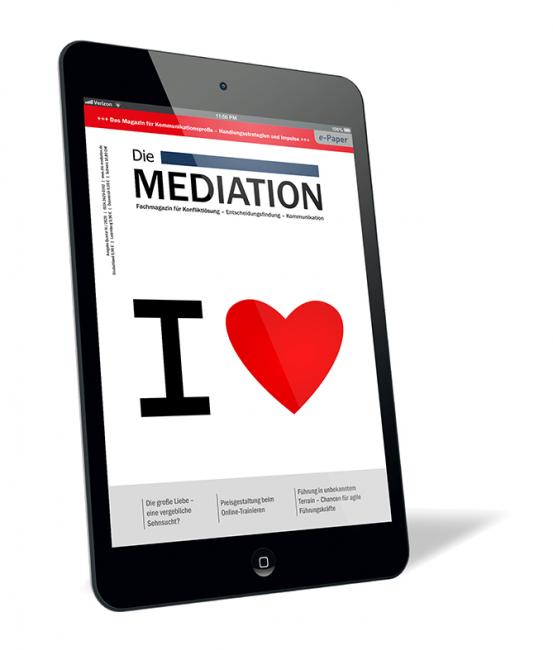 Buchcover der Zeitschrift 'Die Mediation (Ausgabe 2020/04) (E-Paper)' von Gernot Barth, mit weißem Hintergrund, großem schwarzen „I“ und rotem Herzsymbol.