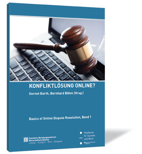 Buchcover von 'Konfliktlösung online?' von Gernot Barth, Bernhard Böhm, mit einem Hammer eines Anwalts auf einem Laptop.