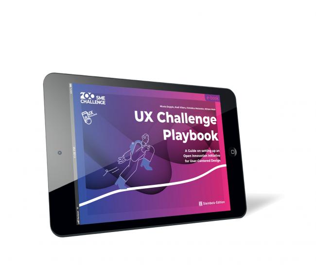Book cover of 'UX Challenge Playbook (E-Book)' by Nicola Doppio, Kadi Villers, Christina Melander, and Miriam Mohr, with a stylized purple background showing an animated figure running and connected UX-related icons.