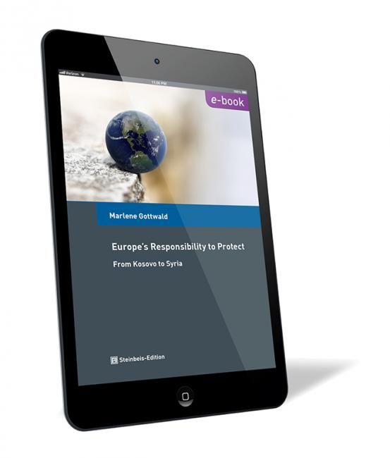 Buchcover von 'Europe's Responsibility to Protect' von Marlene Gottwald, mit einem Bild eines Tablets, das das Cover zeigt, und einem Bild der Erde als Symbol für globale Verantwortung.