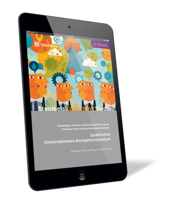 Buchcover von 'Qualitative Unternehmens-Kompetenzanalyse (E-Book)' von Steinbeis-Stiftung (Hrsg.) und Michael Ortiz, mit bunter Grafik von stilisierten Köpfen und Zahnrädern.
