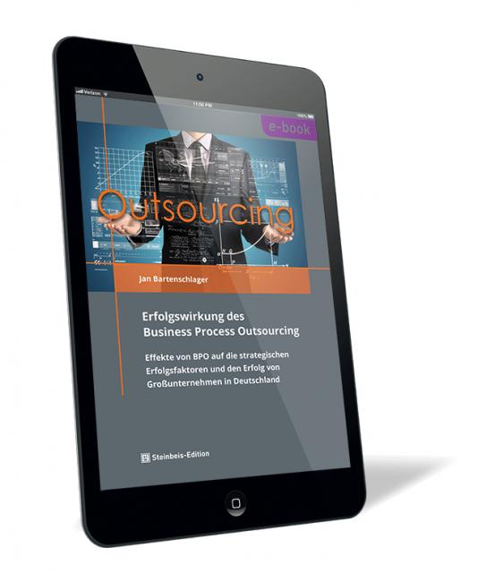 Buchcover von 'Erfolgswirkung des Business Process Outsourcing (E-Book)' von Jan Bartenschlager, mit einem Mann im Anzug und digital überblendeten Grafiken zum Thema Outsourcing.