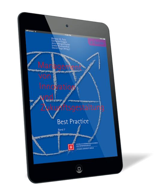 Buchcover von 'Management von Innovation und Zukunftsgestaltung – Bd. 7 (E-Book)' von Werner G. Faix et al., auf einem Tabletbildschirm mit blauem Hintergrund und abstrakten weißen Linien, roter und weißer Schrift.