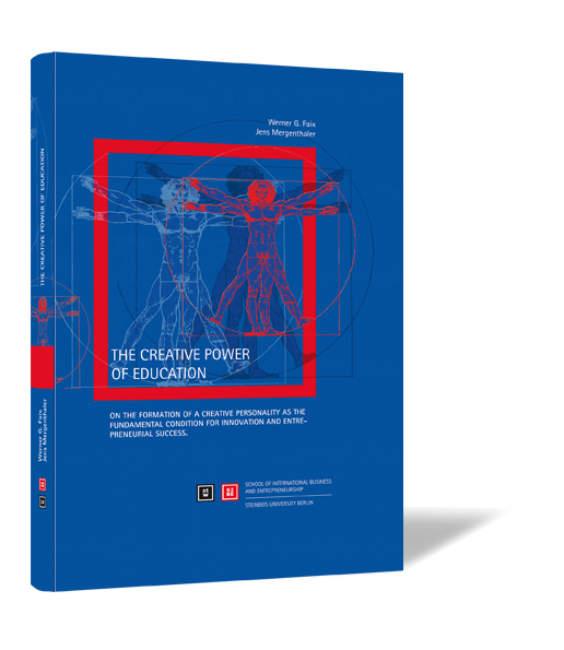 Buchcover von 'The Creative Power of Education' von Werner G. Faix und Jens Mergenthaler, mit einem blauen Design und einer Darstellung eines menschlichen Körpers im Mittelpunkt.