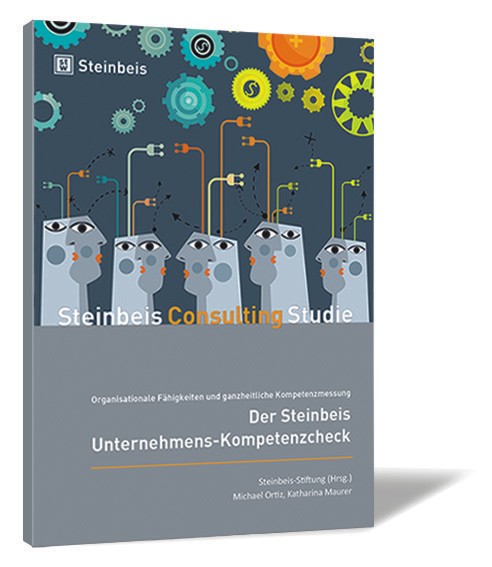 Buchcover von 'Der Steinbeis Unternehmens-Kompetenzcheck' von Michael Ortiz, Katharina Maurer, mit Illustrationen von Robotern und Zahnrädern.