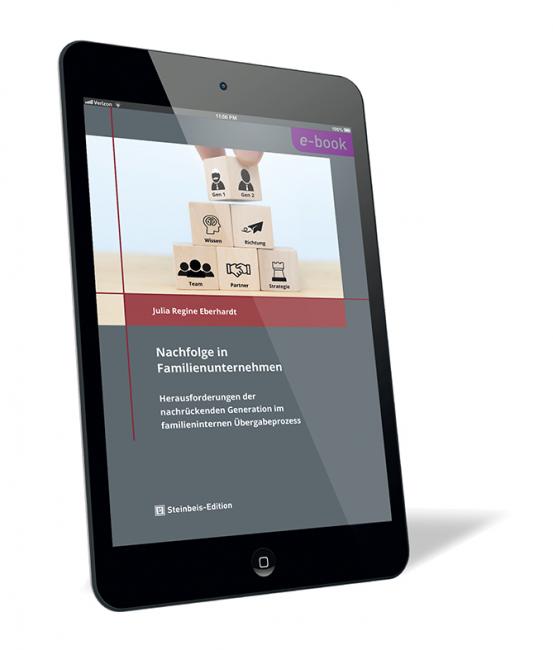 Buchcover von 'Nachfolge in Familienunternehmen (E-Book)' von Julia Regine Eberhardt, auf einem Tablet dargestellt, mit Symbolen für Familienunternehmen auf Bauklötzen, schwarz, rotes Design, herausgegeben von Steinbeis-Edition.