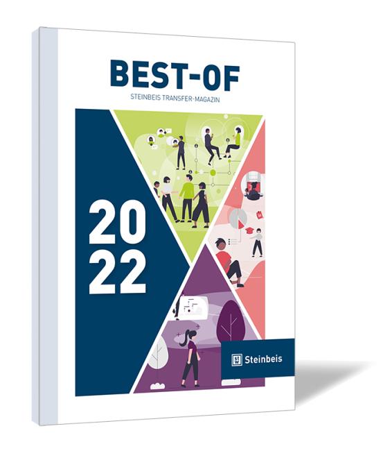 Buchcover von 'Best-of Steinbeis Transfer-Magazin 2022' mit großem Schriftzug „2022“ links und bunten Illustrationen von Menschen und Technik auf dreieckigen Flächen rechts.
