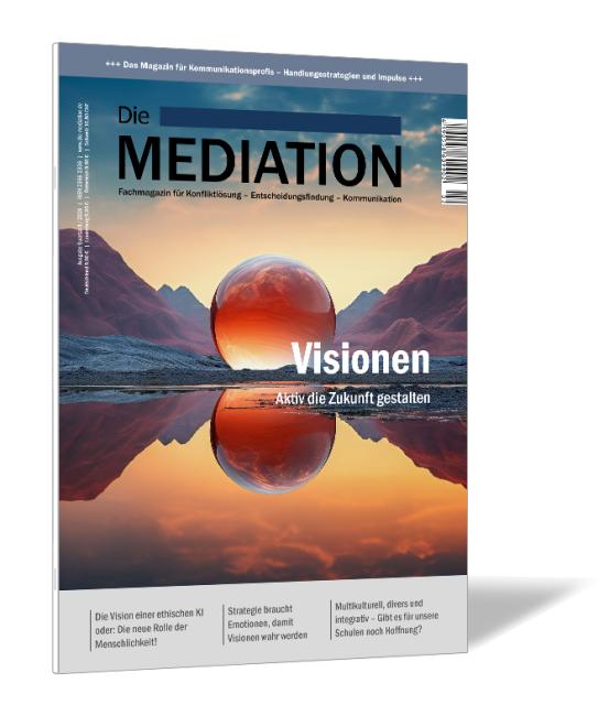 Buchcover der Zeitschrift 'Die Mediation (Ausgabe 2024/02)' von Gernot Barth, mit dem Titelthema 'Visionen'. Abgebildet ist eine surreale Landschaft mit einem rot schimmernden Planeten, der sich im Wasser spiegelt.