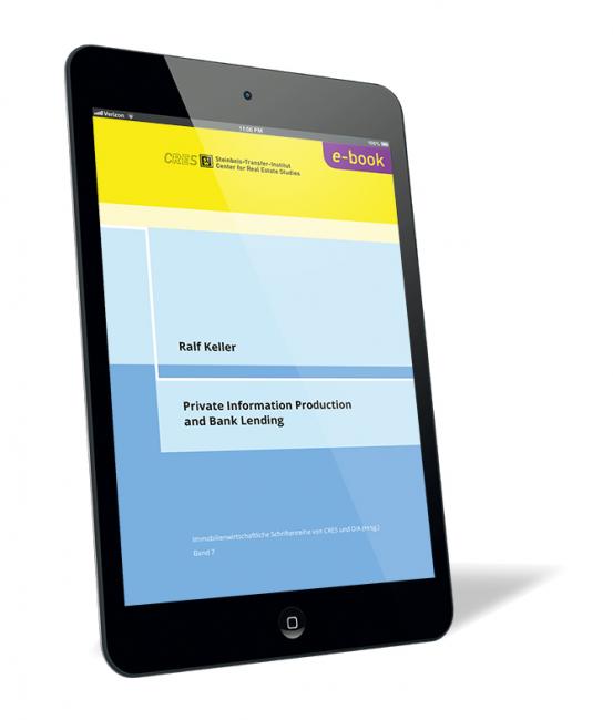 Buchcover von 'Private Information Production and Bank Lending (E-Book)' von Ralf Keller, mit einem schlichten, zweigeteilten Design in Hellblau und Gelb, herausgegeben von der Steinbeis-Edition.