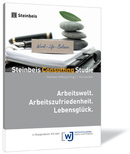 Buchcover von 'Arbeitswelt. Arbeitszufriedenheit. Lebensglück.' von Steinbeis-Stiftung (Hrsg.) | Konrad Zerr, mit einem Notizblock, einem Schild mit "Work-Life-Balance", übereinandergestapelten Steinen und einem Blatt.
