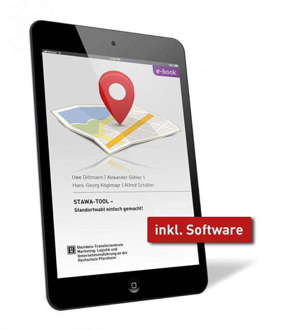 Buchcover von 'STAWA-TOOL – Standortwahl einfach gemacht! (inkl. Software)' von Uwe Dittmann, Alexander Göhler, Hans-Georg Köglimayr, Alfred Schätter, mit einem Bild eines Tablets, auf dem das Cover mit einer Karte und einem Standortmarker angezeigt wird.