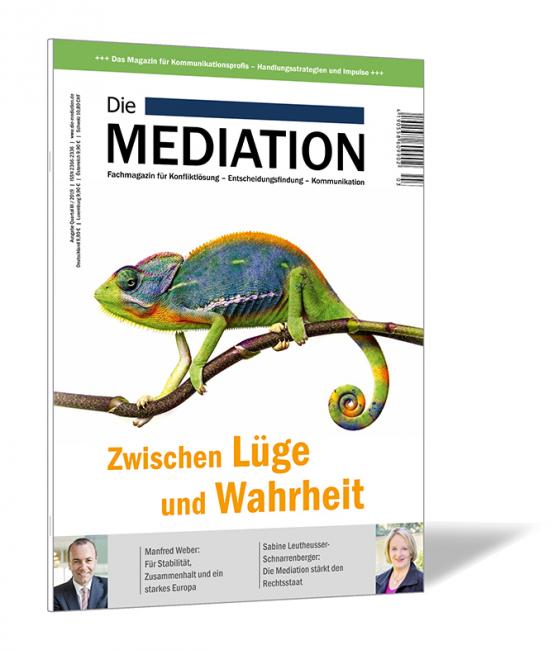 Buchcover der Zeitschrift 'Die Mediation (Ausgabe 2019/03)' von Gernot Barth und Bernhard Böhm, mit einem Chamäleon auf einem Ast und dem Titel „Zwischen Lüge und Wahrheit“.