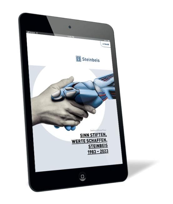 Buchcover von 'Sinn stiften, Werte schaffen. Steinbeis 1983–2023 (E-Book)' von der Steinbeis-Stiftung, mit Illustration eines Handschlags zwischen einer menschlichen und einer robotischen Hand.