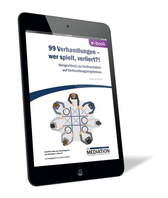 Buchcover von '99 Verhandlungen – wer spielt, verliert?! (E-Book)' von Jonathan Barth, mit einer stilisierten Illustration eines Tic-Tac-Toe-Spiels, an dem sechs Personen um einen Tisch herum teilnehmen.