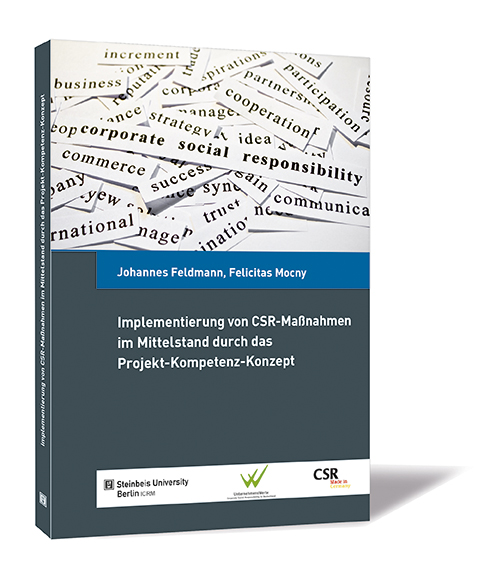 Buchcover von 'Implementierung von CSR-Maßnahmen im Mittelstand durch das Projekt-Kompetenz-Konzept' von Johannes Feldmann und Felicitas Mocny, mit Wortwolke zum Thema CSR auf hellem Hintergrund und dunkelblauem Fußbereich.