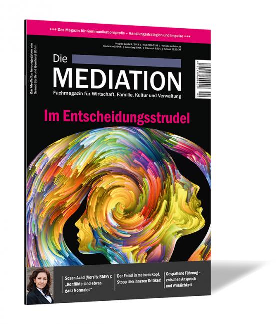 Buchcover der Zeitschrift 'Die Mediation (Ausgabe 2018/02)' mit einem bunten, abstrakten Wirbel in Form eines Kopfes auf schwarzem Hintergrund und pinkem Akzent.