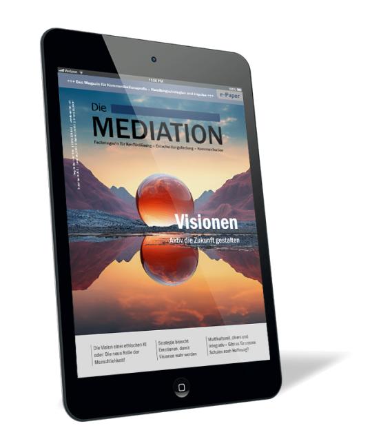 Buchcover der Zeitschrift 'Die Mediation (Ausgabe 2024/02) (E-Paper)' von Gernot Barth, mit dem Titelthema 'Visionen'. Abgebildet ist eine surreale Landschaft mit einem rot schimmernden Planeten, der sich im Wasser spiegelt.