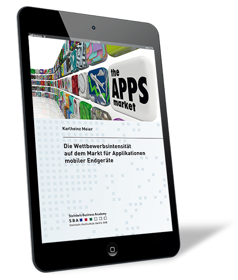 Buchcover von 'Die Wettbewerbsintensität auf dem Markt für Applikationen mobiler Endgeräte (E-Book)' von Karlheinz Meier, mit App-Icons als Hauptmotiv, gezeigt auf einem iPad.