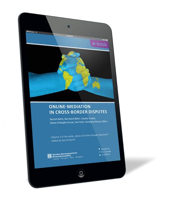 Book cover of 'Online-Mediation in Cross-Border Disputes' edited by Gernot Barth et al., featuring a digital globe in hand on a dark blue background with pink “e-book” label.