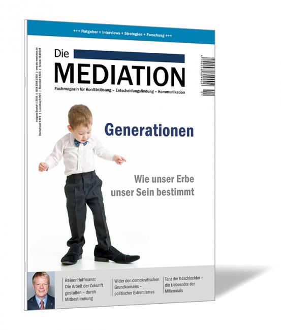 Buchcover der Zeitschrift 'Die Mediation (Ausgabe 2019/01)' von Gernot Barth und Bernhard Böhm, mit einem kleinen Jungen, der in einem viel zu großen Anzug steckt und nach unten schaut.