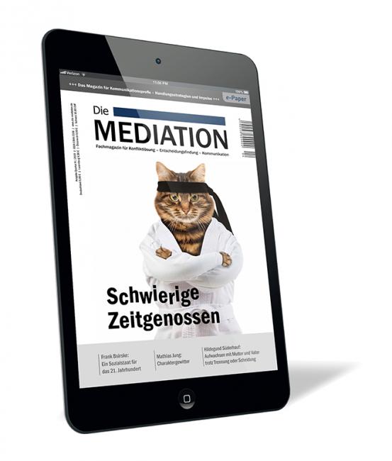 Buchcover der Zeitschrift 'Die Mediation (Ausgabe 2019/04) (E-Paper)' von Gernot Barth und Bernhard Böhm, mit einer Katze im weißen Arztkittel auf weißem Hintergrund, dargestellt auf einem Tablet.