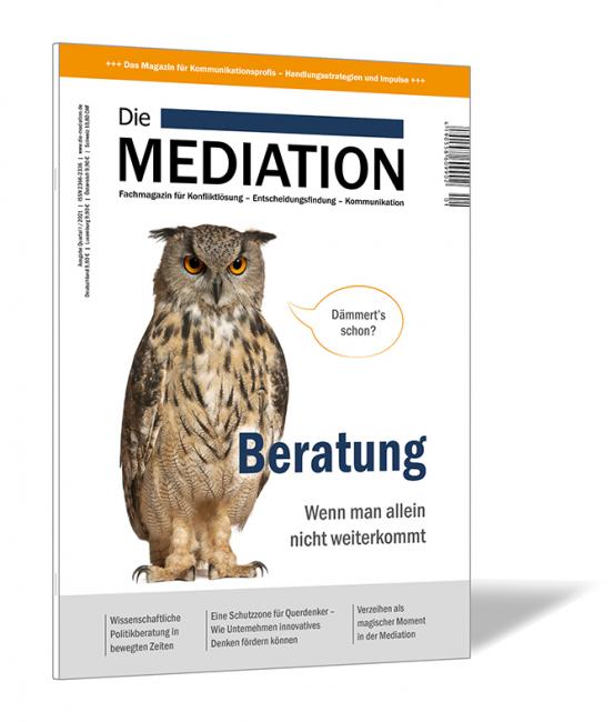 Buchcover der Zeitschrift 'Die Mediation (Ausgabe 2021/01)' von Gernot Barth, mit einer Eule auf weißem Hintergrund und der Sprechblase „Dämmert’s schon?“.