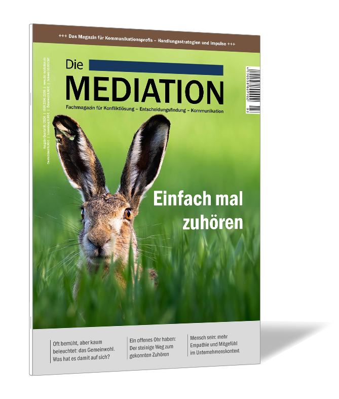 Buchcover der Zeitschrift 'Die Mediation (Ausgabe 2024/03)' von Gernot Barth, zeigt einen Hasen mit großen Ohren im hohen Gras, darüber der Titel „Einfach mal zuhören“.